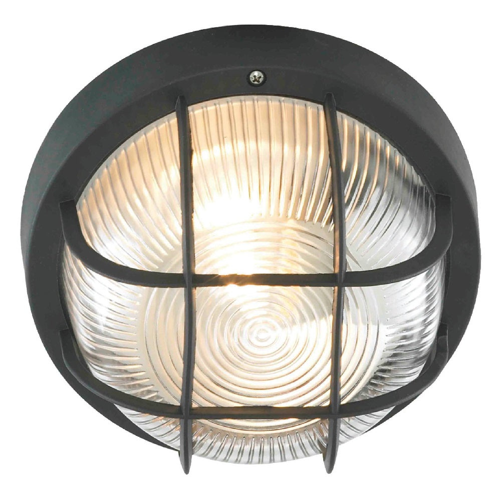 Britalia BRCZ-20947-BLK Black & Ribbed Glass Outdoor Modern Round Bulkhead Wall Light 18cm