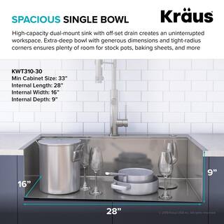 KRAUS Kore Workstation Drop-In Stainless Steel 30 in. Single Bowl Kitchen Bar Sink with Accessories KWT310-30