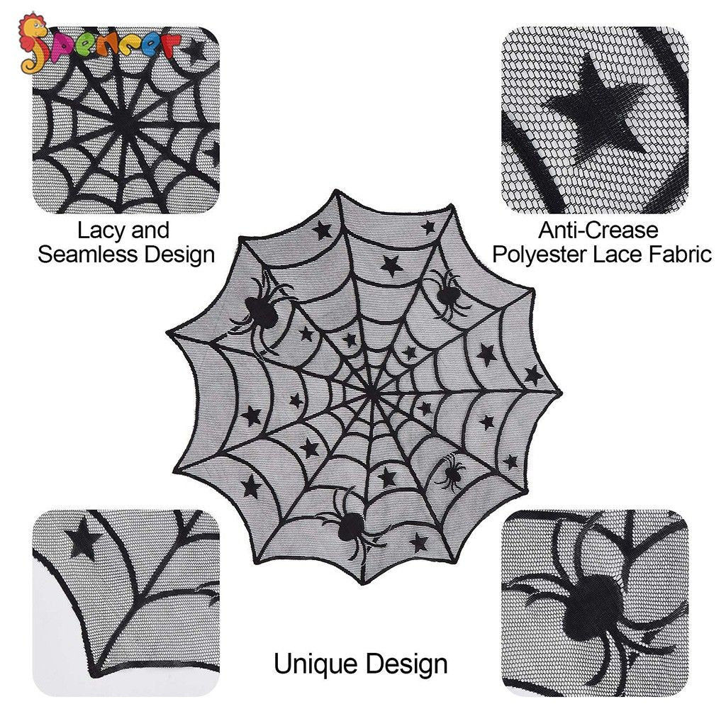 SpencerToys 40 Round Lace Spider Web Tablecloth， Black Table Topper Perfect for Halloween Party Dinner Table Decoration