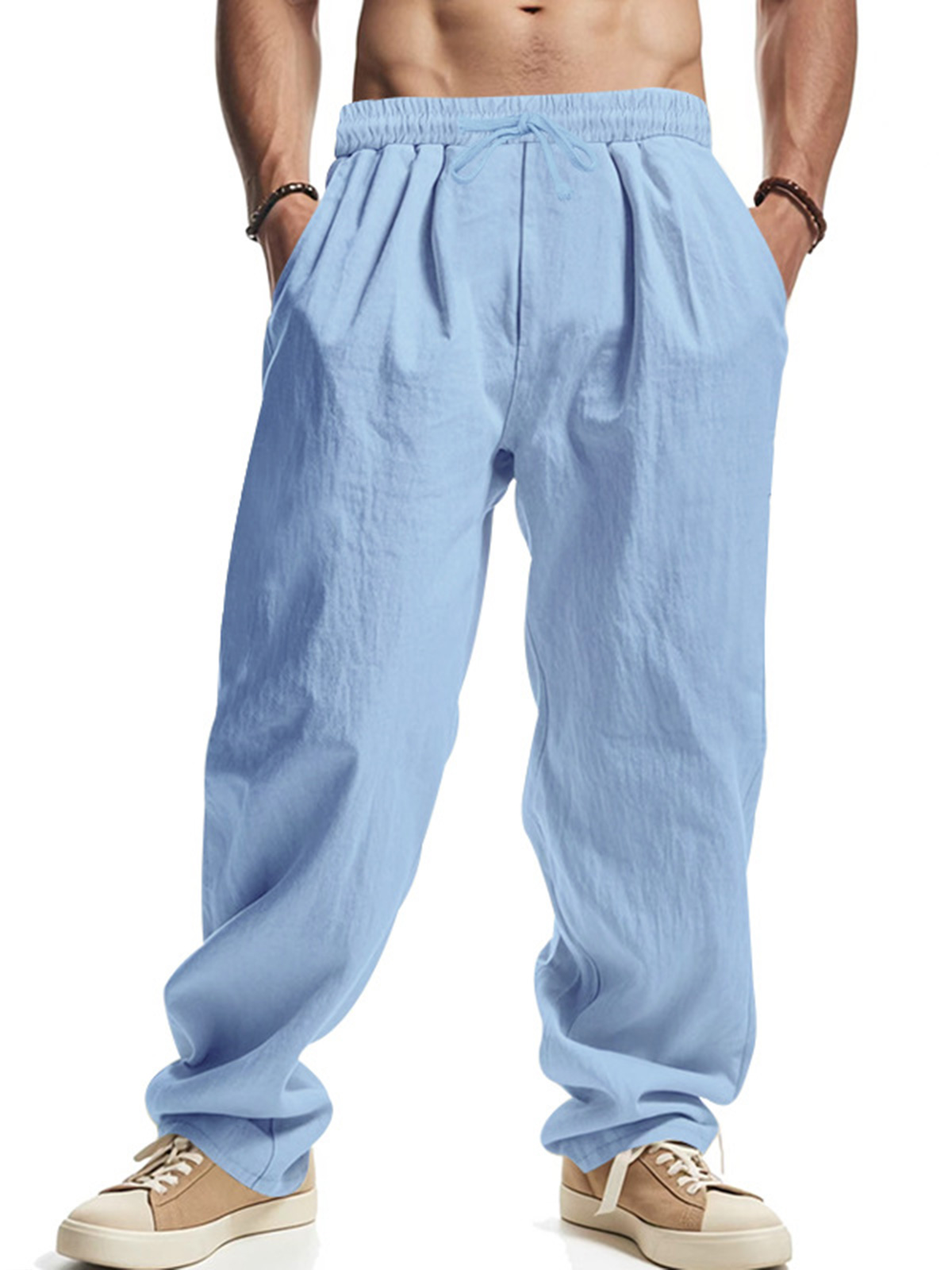 Men's Daily Casual Loose Linen Drawstring Solid Color Trousers