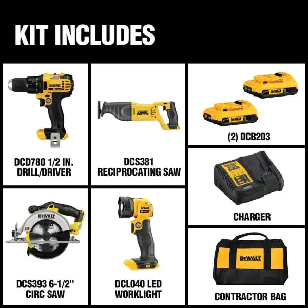 DEWALT DCK423D2 20-Volt MAX Cordless Combo Kit (4-Tool) with (2) 20-Volt 2.0Ah Batteries and Charger