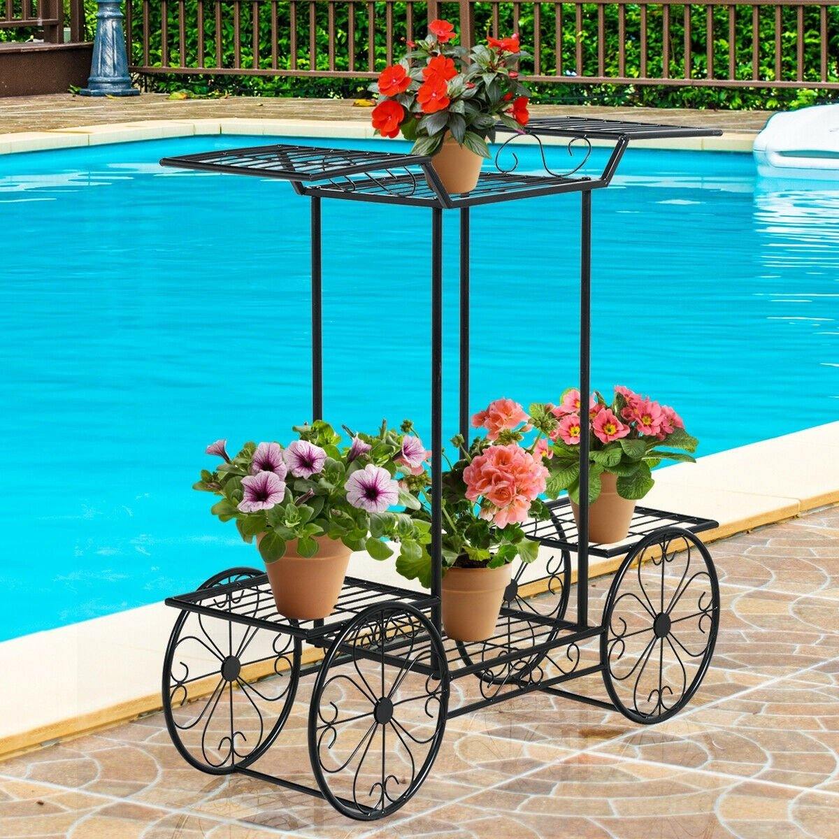 6-Tier Outdoor Garden Cart Metal Flower Rack Display Stand with 4 Wheels