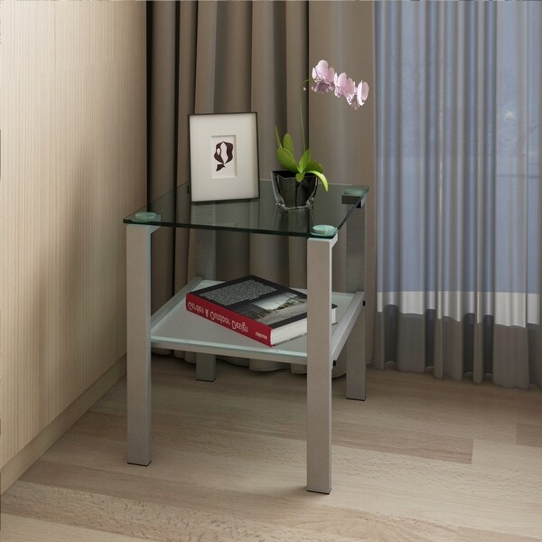 Glass two layer tea table， small round table， bedroom corner table， living room grey side table