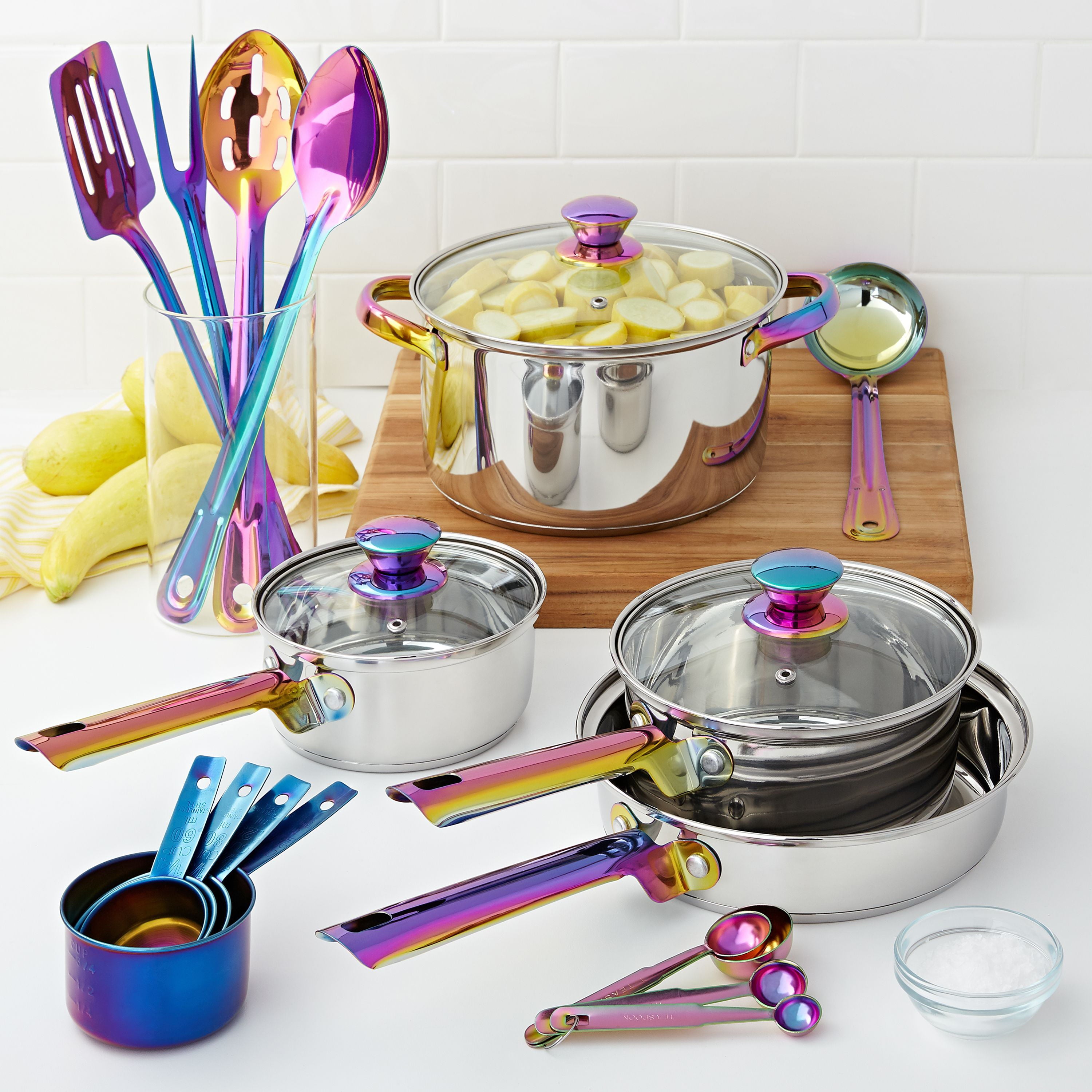 Mainstays Iridescent Stainless Steel 20-Piece Cookware Set, with Kitchen Utensils and Tools