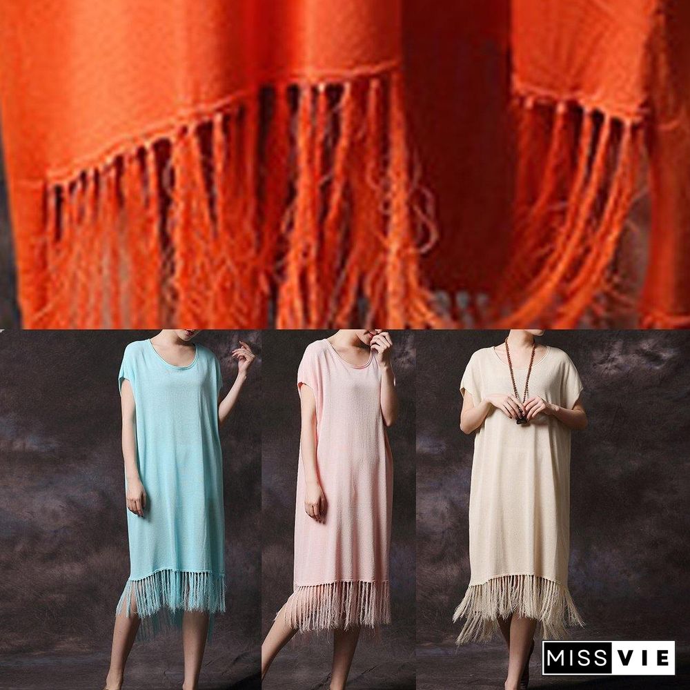 Simple pink tassel cotton Long Shirts o neck loose summer Dress