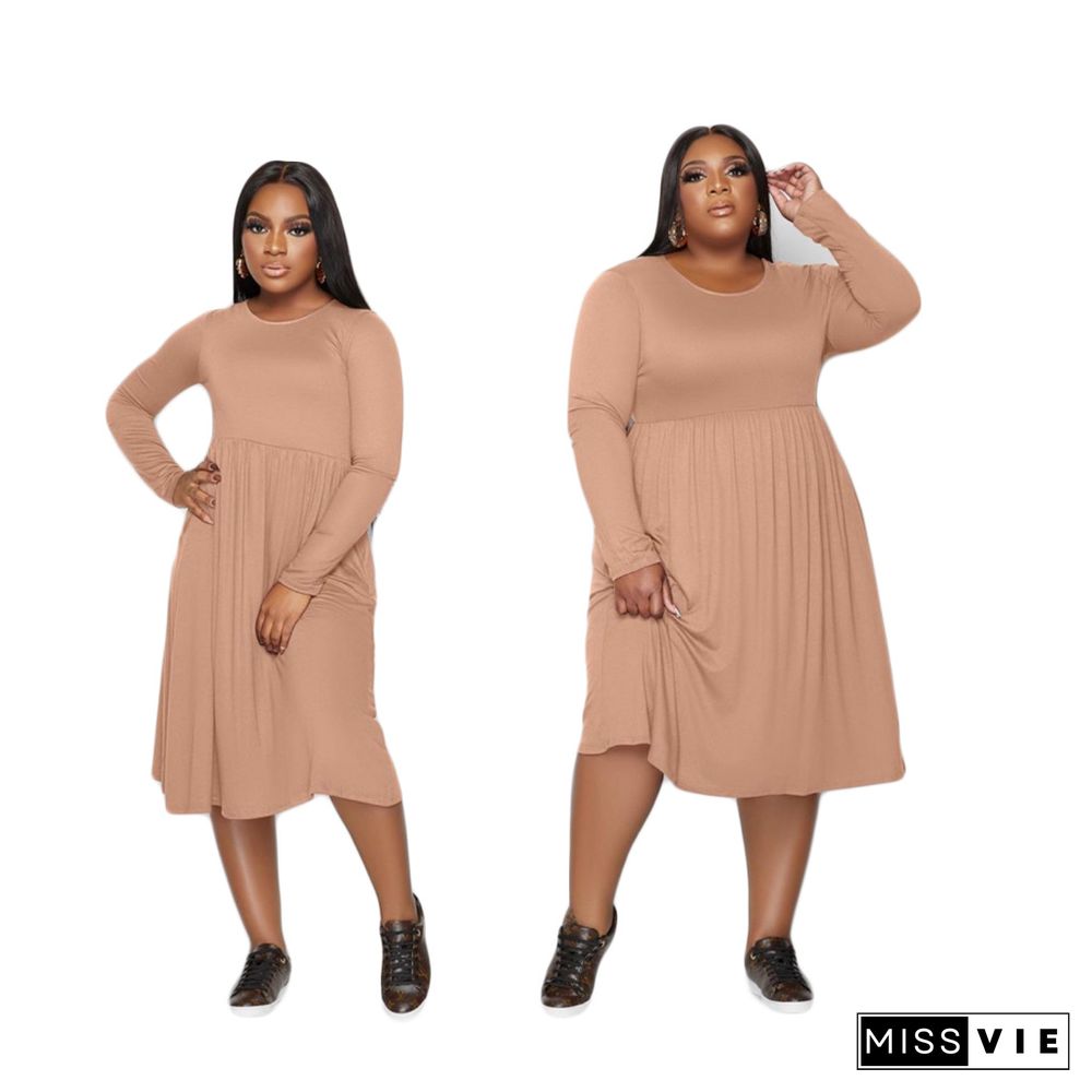 Solid Color Long Sleeve A Line Plus Size Dresses