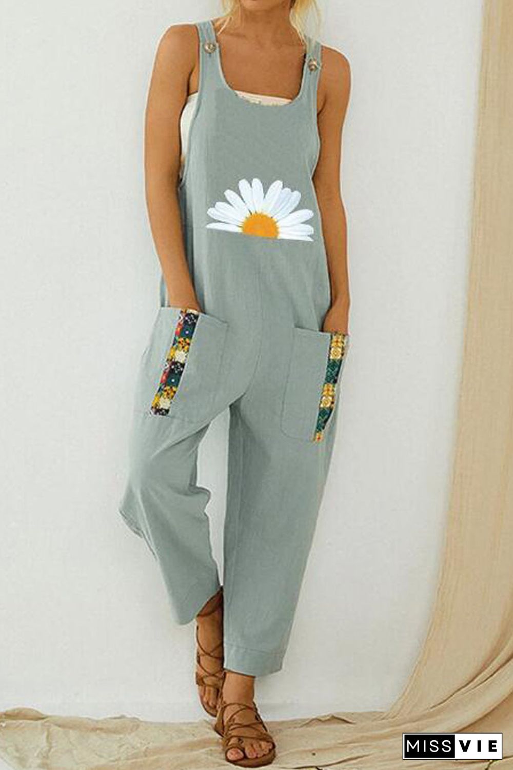 Flower Printed Plus Size Pocket Jumpsuit