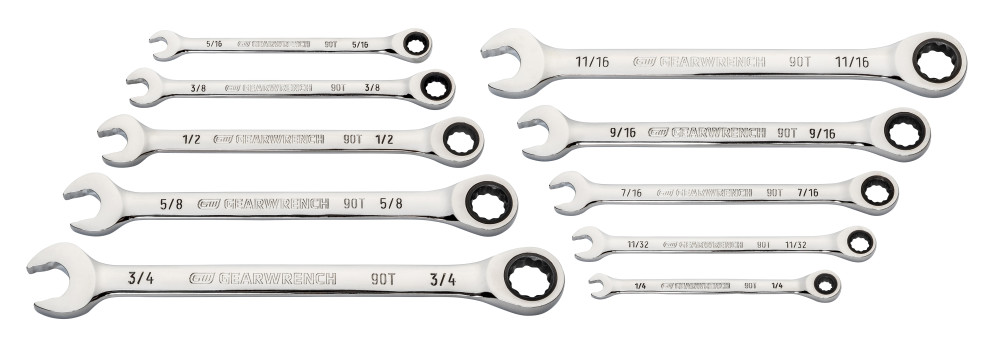 10 Pc. 90T 12 Point SAE Combination Ratcheting Wrench Set