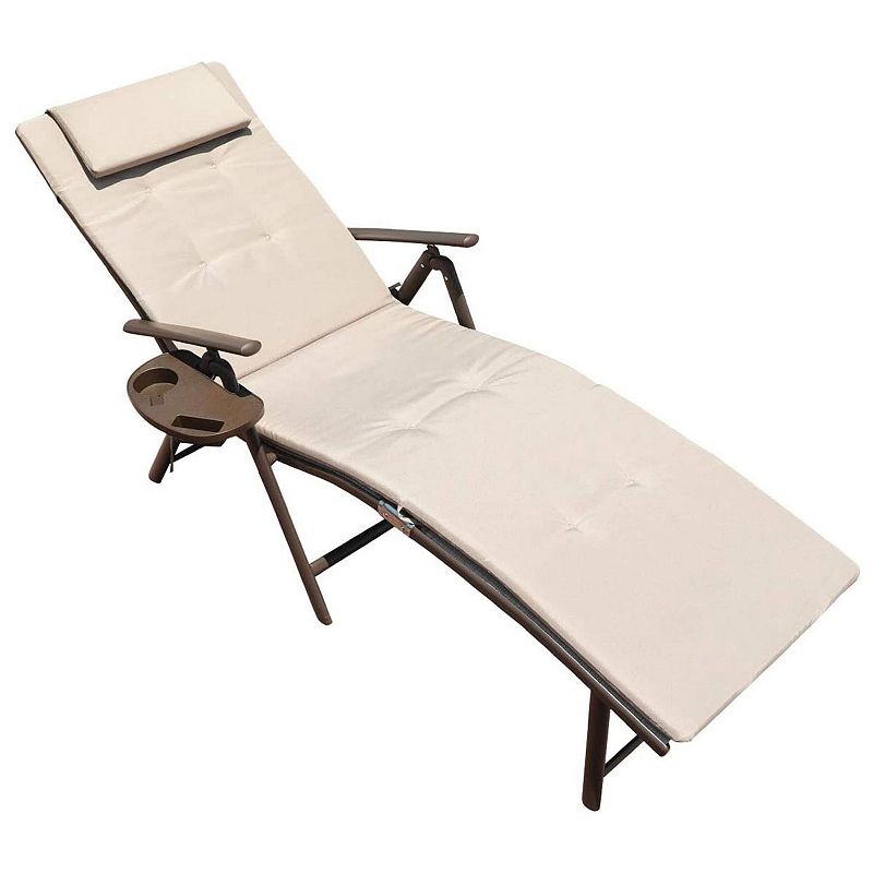 GOLDSUN Outdoor Folding Reclining Chaise Lounge Chair with Cup Holder， Beige