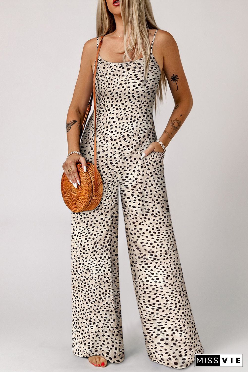 Khaki Leopard Print Wide Leg Spaghetti Straps Jumpsuit