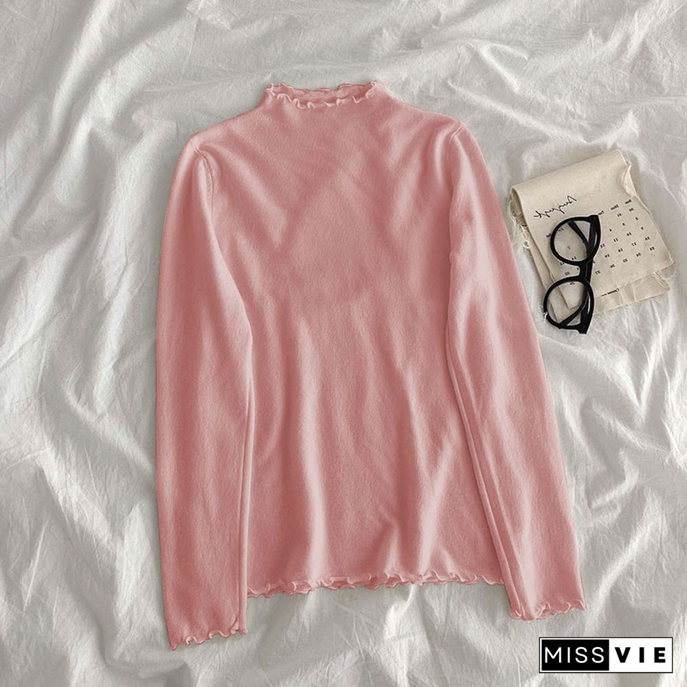 T-Shirt For Women Korean Kawaii New Fashion Clothes Spring Slim Soft Tees Top Pure Candy Color All-Match Casual Hot Sale