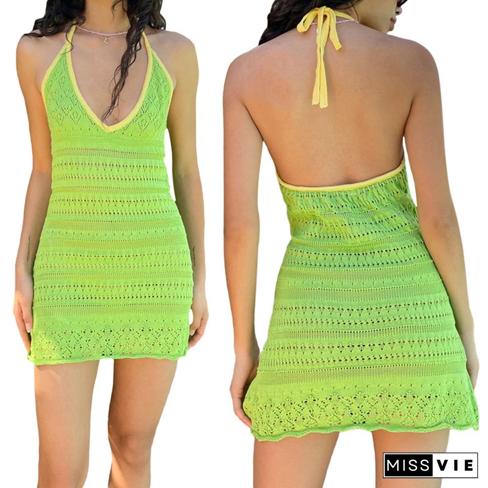 Women Halter Bodycon Mini Dress Sleeveless Backless Color Block Crochet Mini Dress Female Summer Clothes Tank Sundress