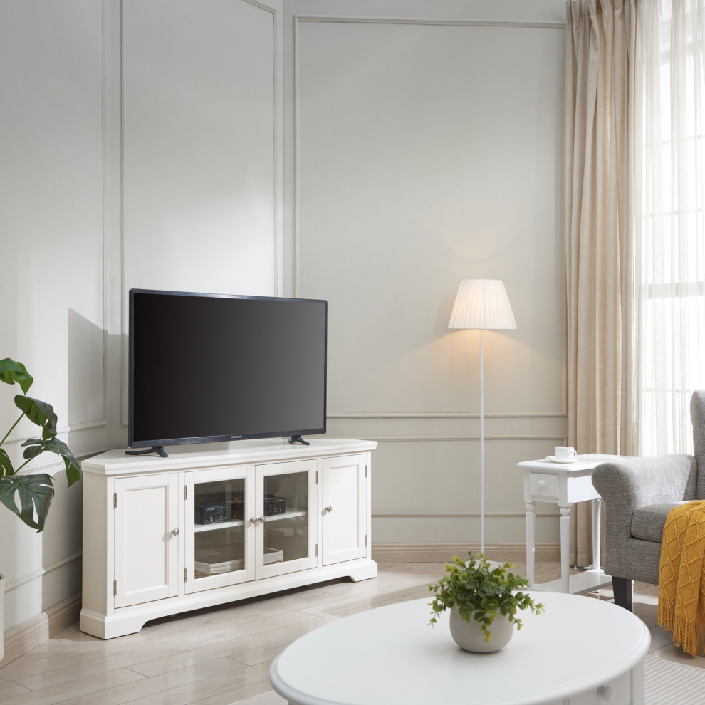 Large Corner TV Stand  Wooden Doors  Beveled Tempered Glass Doors  White Finish   Transitional   Entertainment Centers And Tv Stands   by Declusia  Houzz