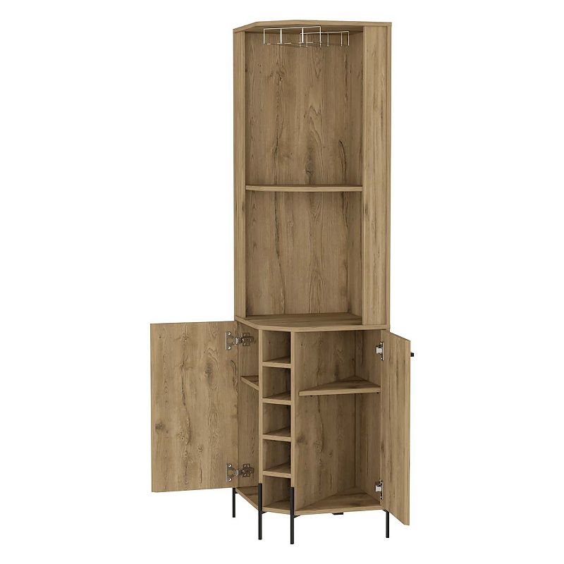 Reese Corner Bar Cabinet， Two Shelves， Double Door Cabinet， Five Built-in Wine Rack， Four Interior Shelves