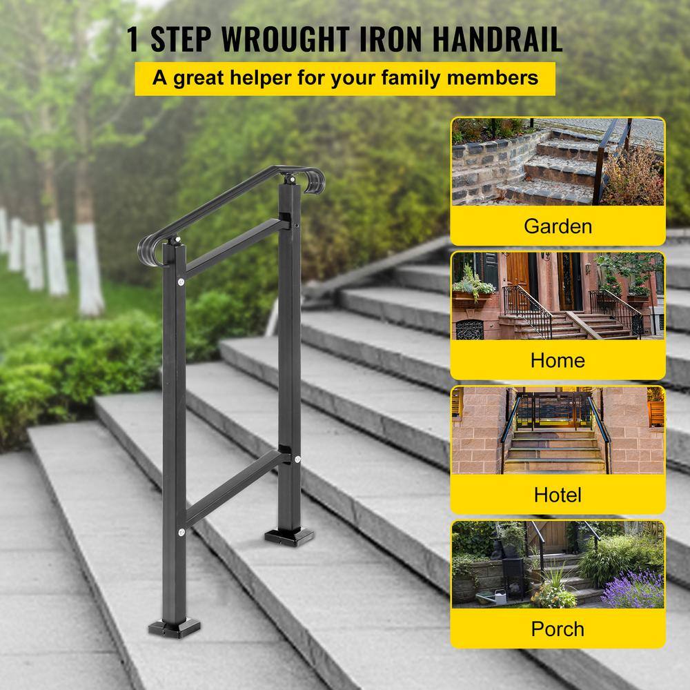 VEVOR Outdoor Stair Railing Fit 1 or 2 Steps Wrought Iron Handrail Adjustable Front Porch Hand Railings Black LTFSLDS1BMLFS0001V0