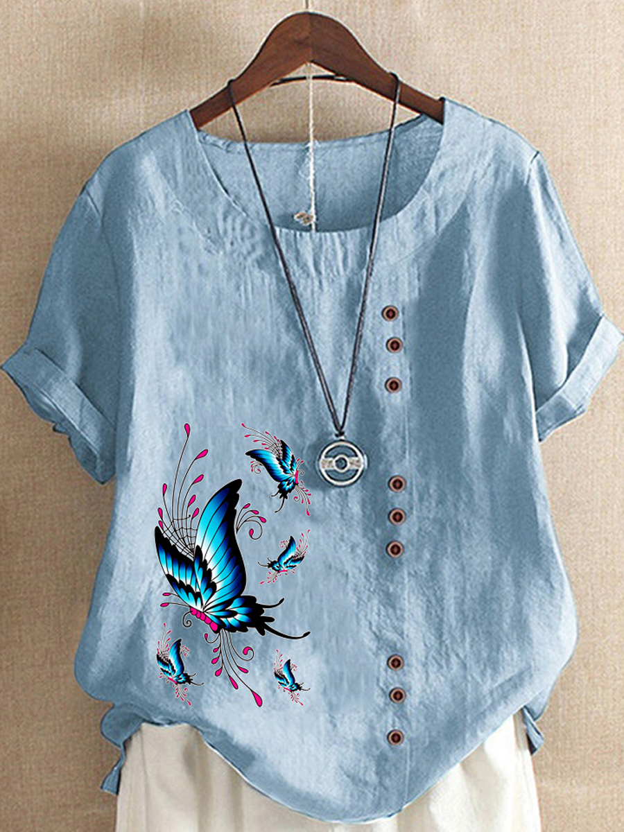 Loose Casual Butterfly Print Crew Neck Short Sleeve Blouse