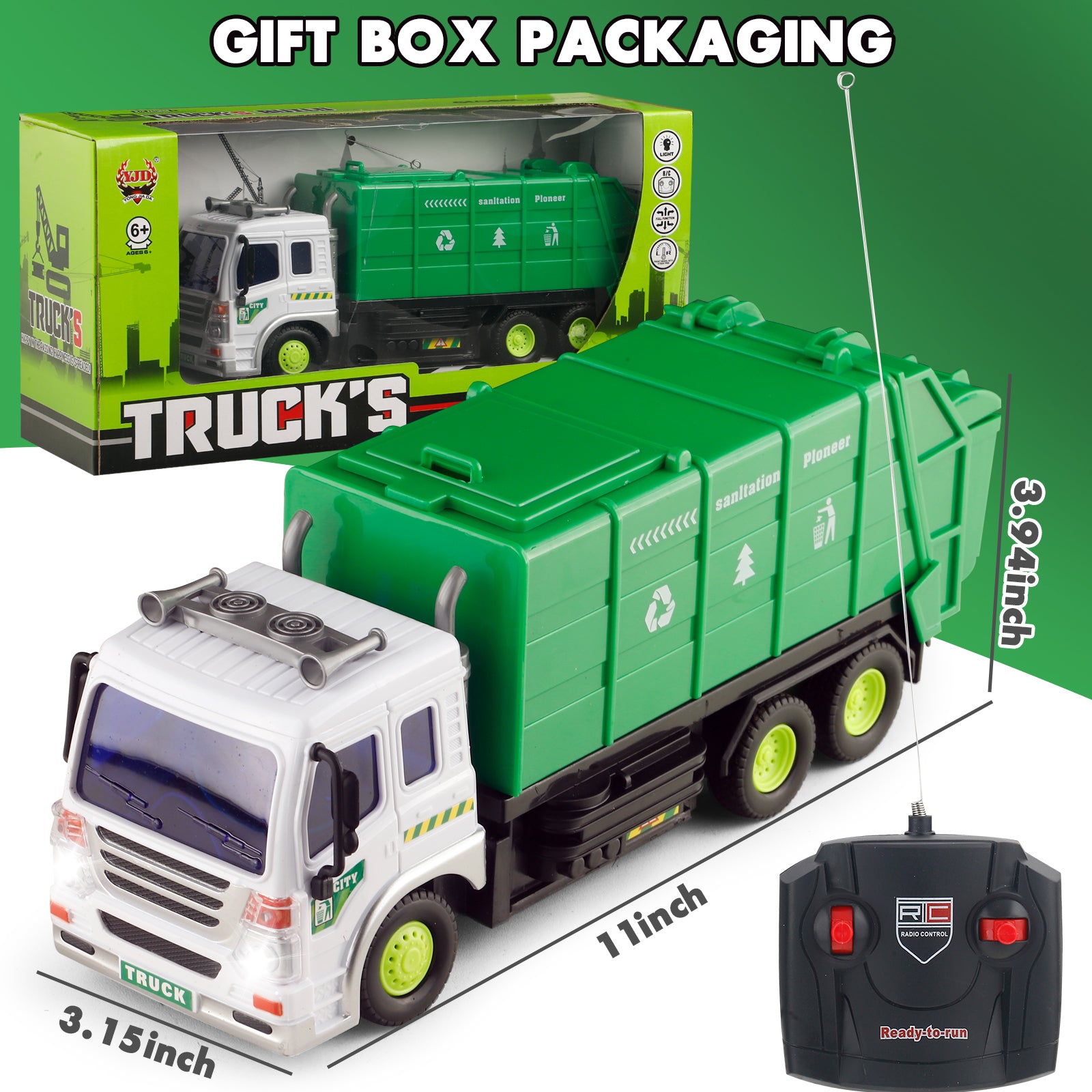 Remote Control Garbage Truck Toys for Boys 3-6 Year RC Car Waste Management Garbage Truck Toy with Lights Great Gift for Kids