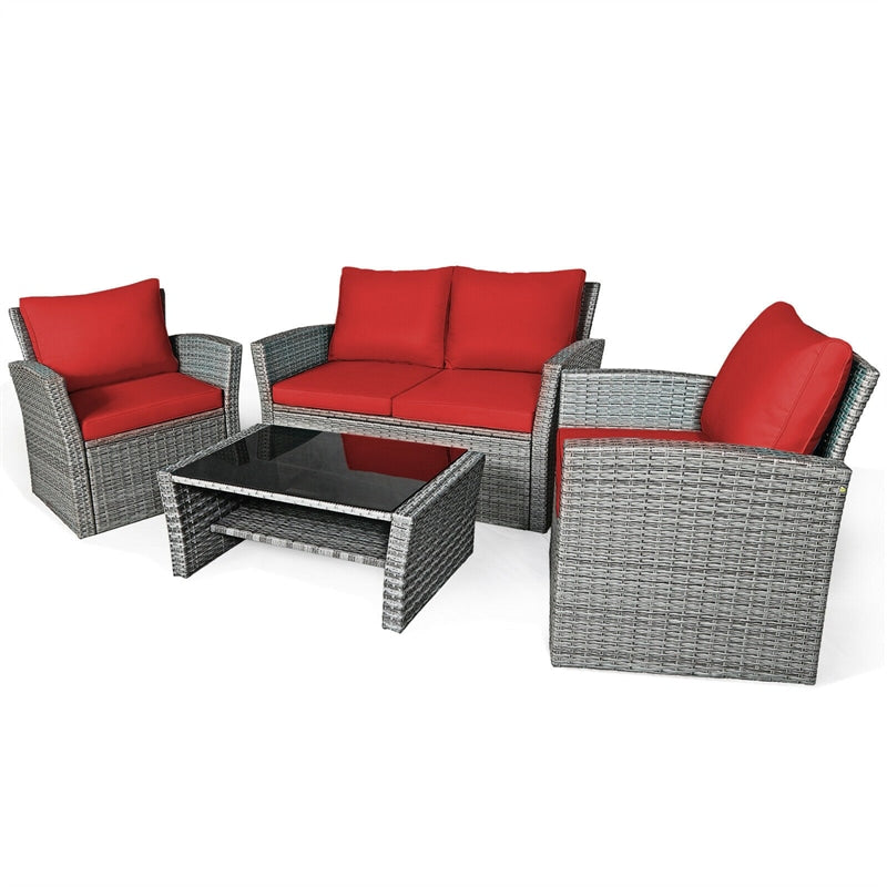 4 Pcs Rattan Patio Sectional Furniture Set with Storage Shelf Table, Cushioned Outdoor Wicker Conversation Sofa Set