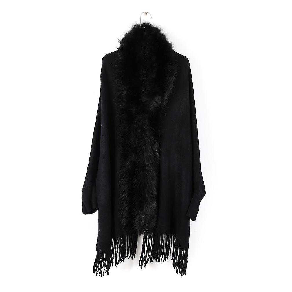 Winter Cape With Faux Fur Collar Open Front With Long Sleeve Poncho Thciken Cardigant For Lady