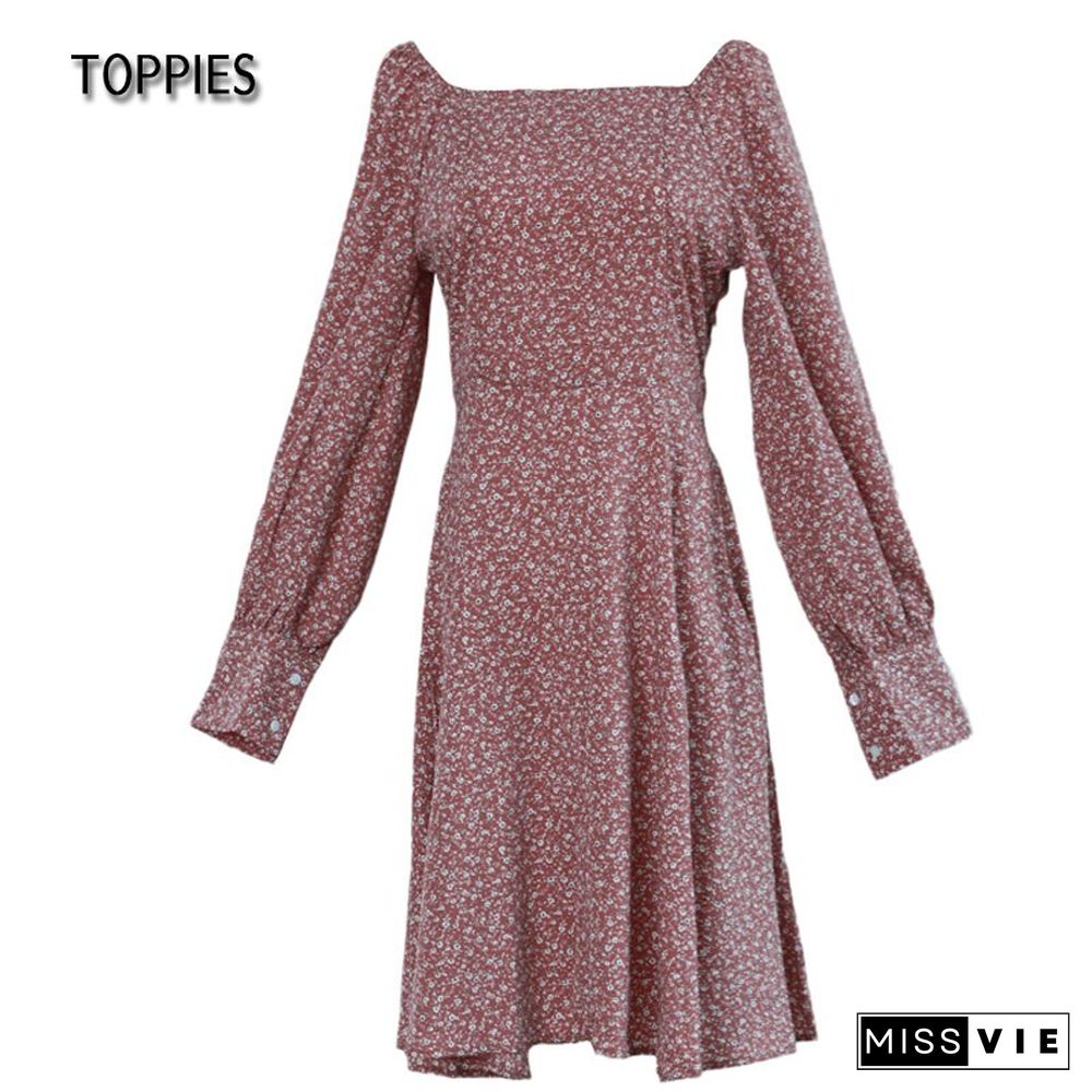 Toppies New Women Mini Dresses Vestidos Flowers Print French Style Dress Puff Long Sleeve Ladies Sundress