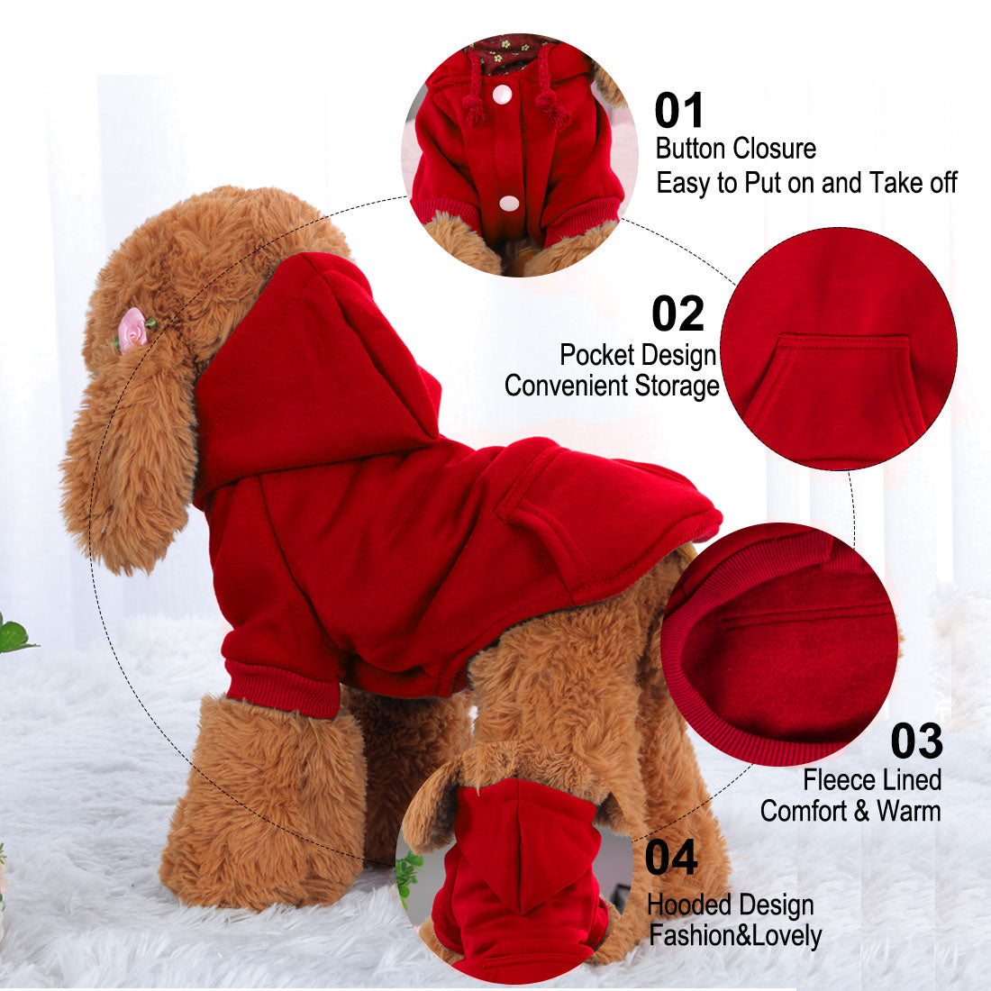 Polyester Dog Sweatshirt Hooded Pet Winter Clothes Coat w Pocket Red L