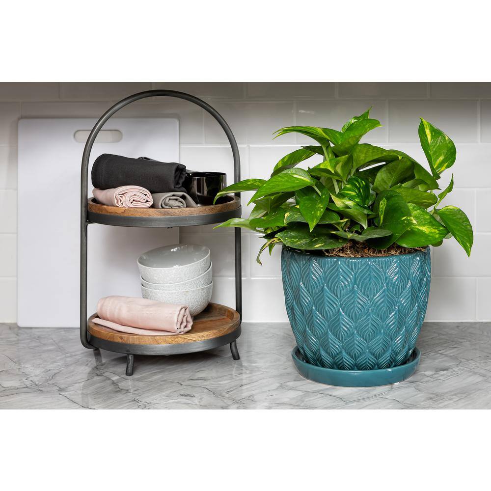 Vigoro 8 in. Colusa Small Teal Leaf Textured Ceramic Planter (8 in. D x 7.3 in. H) with Drainage Hole and Attached Saucer 527358