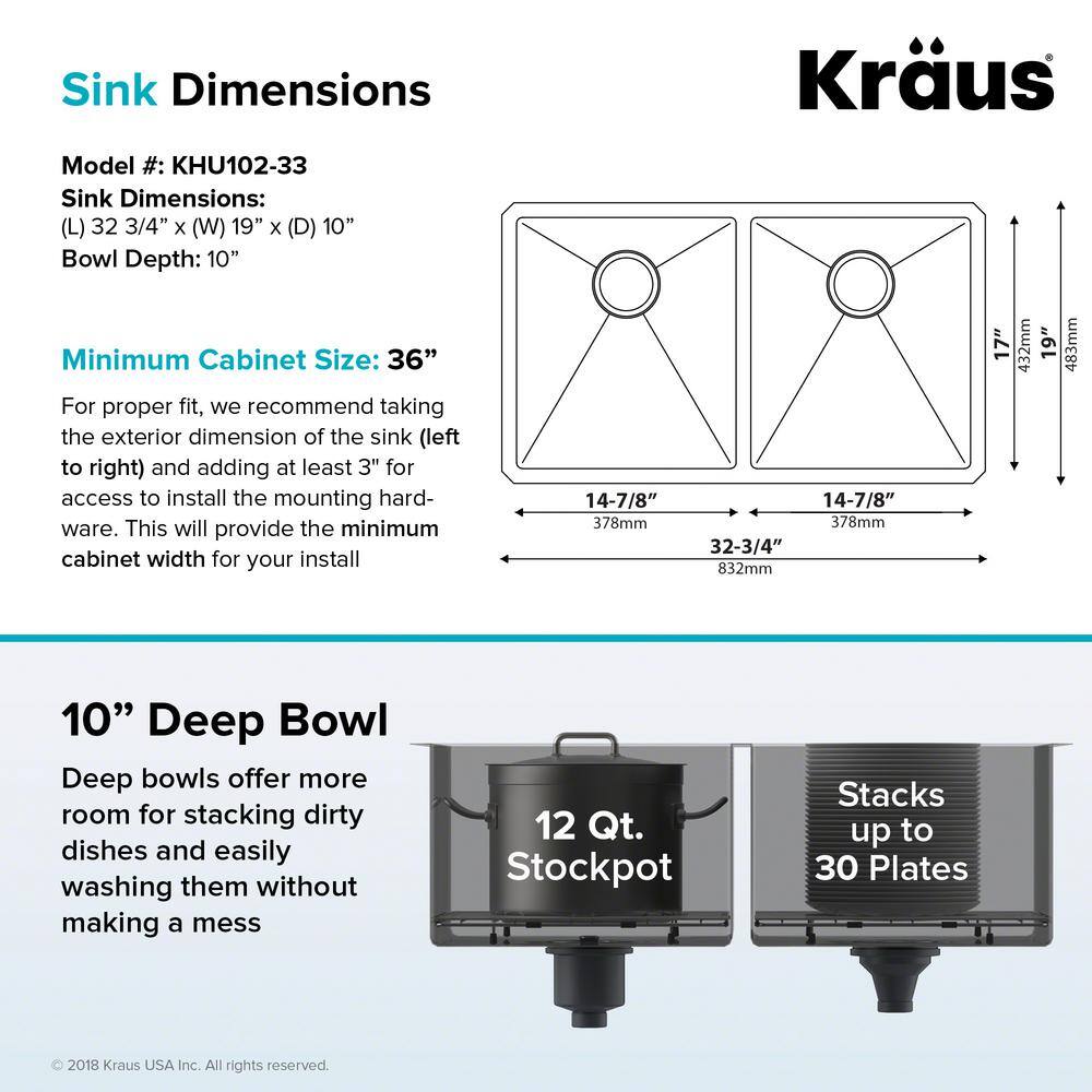 KRAUS Standart PRO 33in. 16 Gauge Undermount 5050 Double Bowl Stainless Steel Kitchen Sink KHU102-33