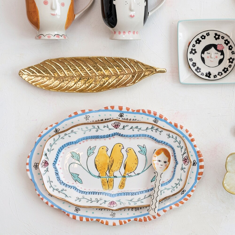 Decorative Ceramic Platter with Painted Illustration and Scalloped Edge   14.4\