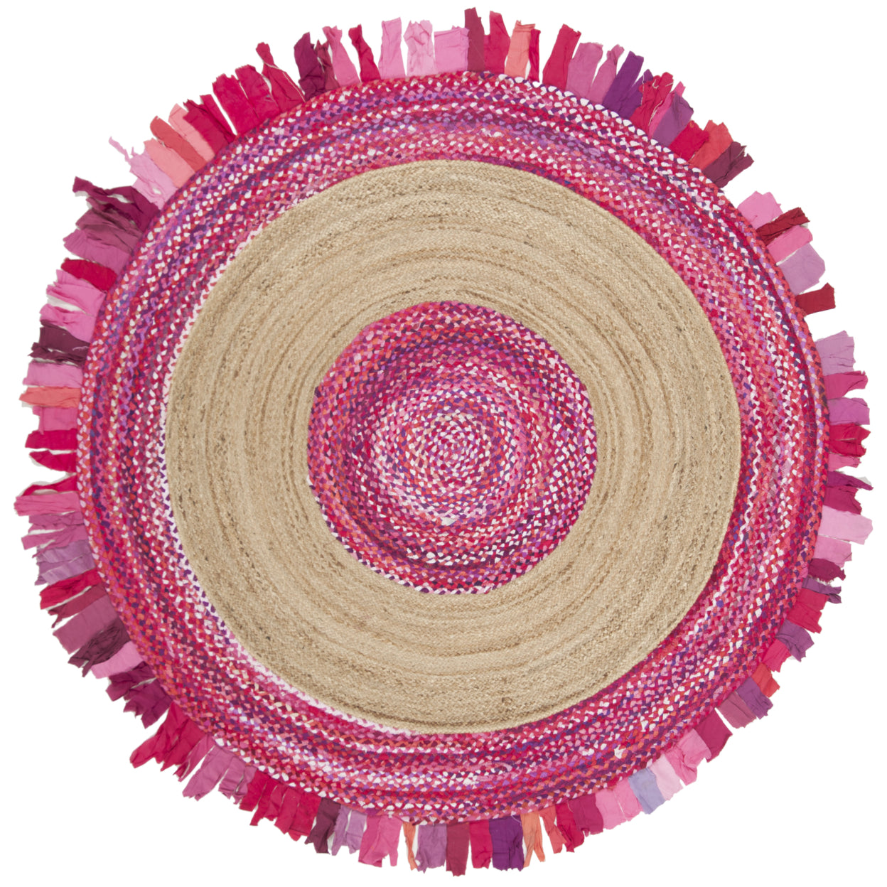 SAFAVIEH Cape Cod Susan Braided with Fringe Area Rug, 5' x 5' Round, Pink/Natural