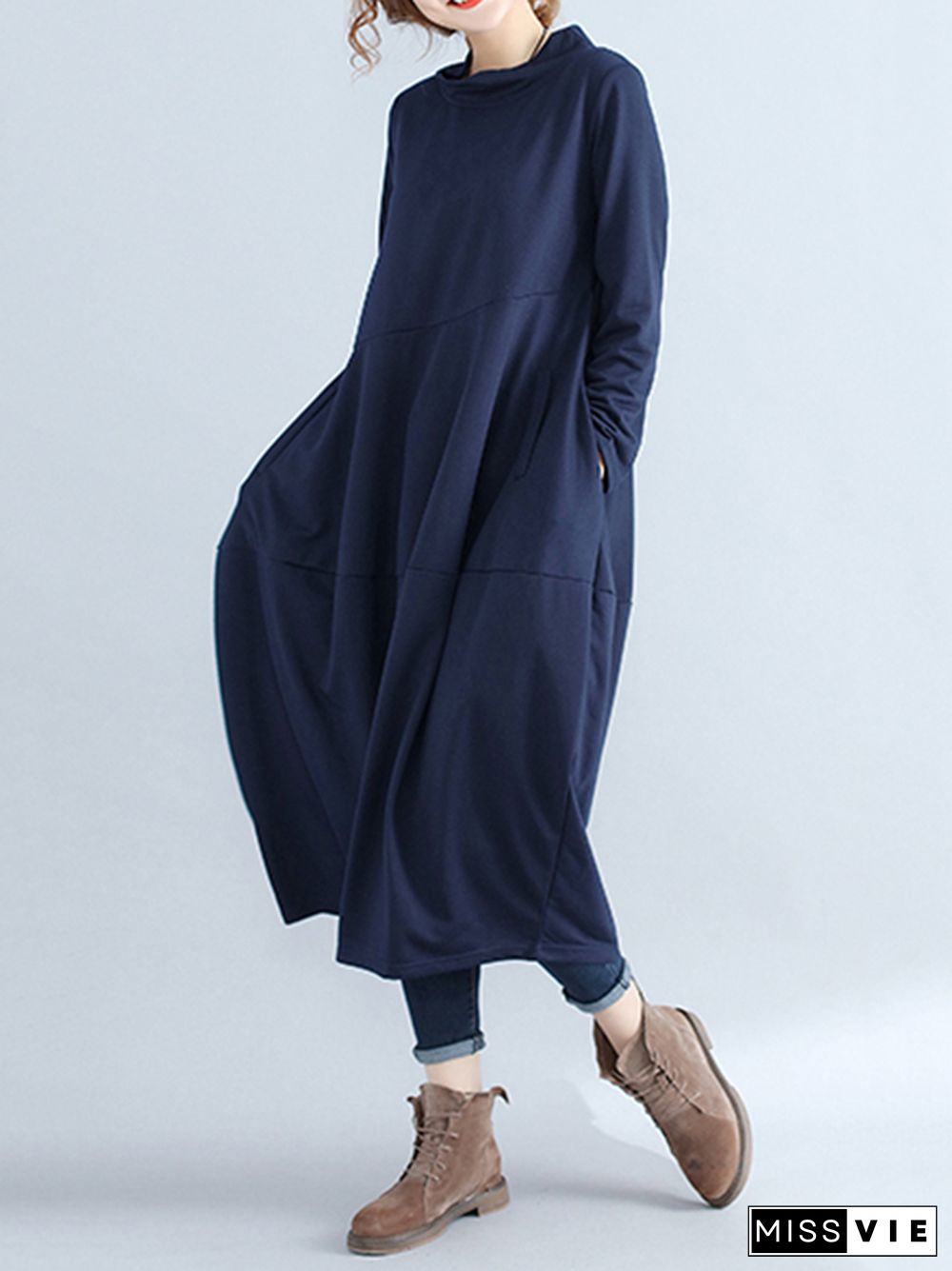 Casual Loose Plus Size Solid Color Hooded Midi Dresses