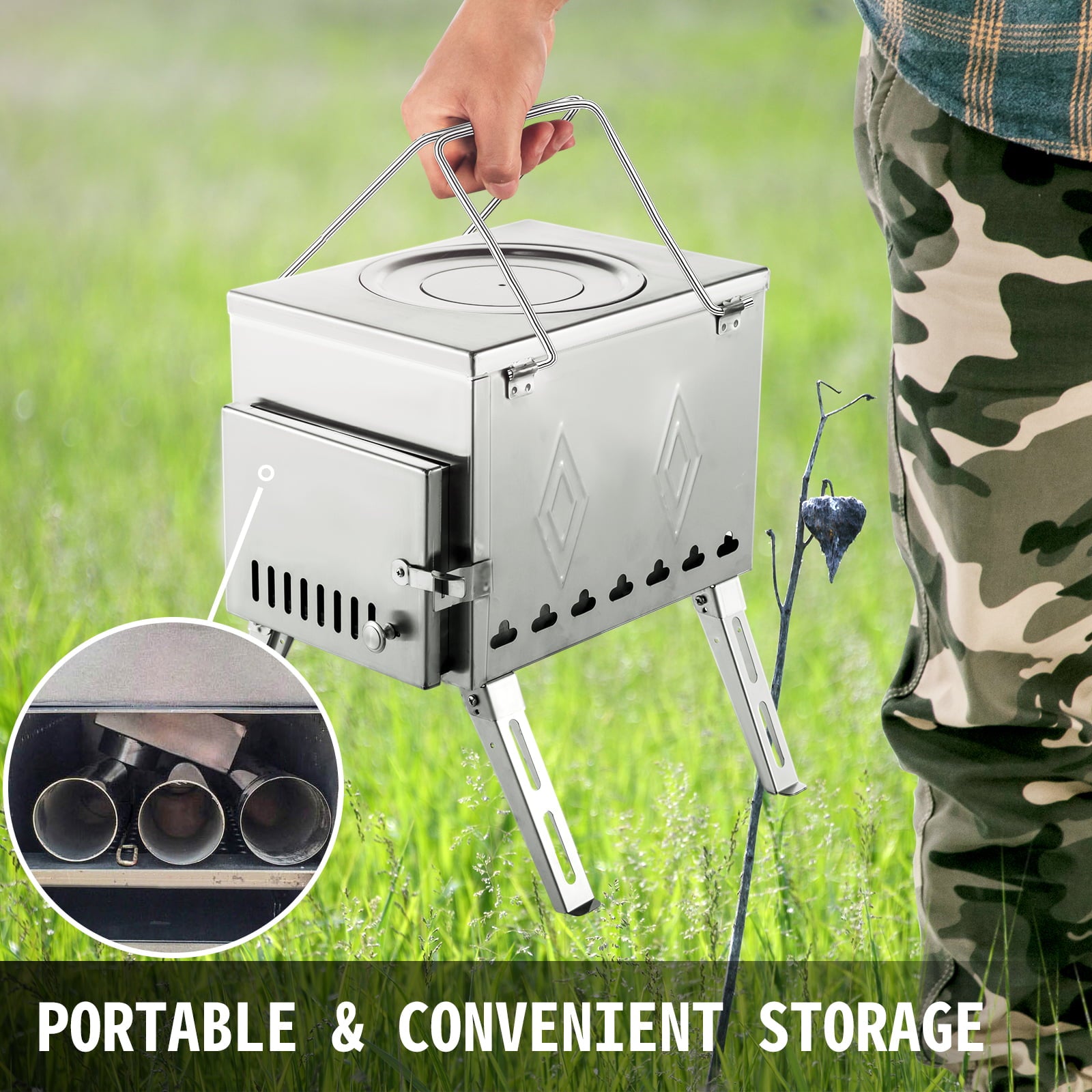 VEVOR Tent Wood Stove 17.5x14.7x10.6 inch, Camping Wood Stove 304 Stainless Steel with Folding Pipe, Portable Wood Stove 95.7 inch Total Height for Camping, Tent Heating, Hunting, Outdoor Cooking