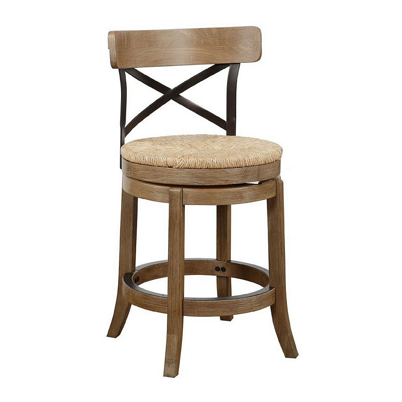 24 Inch Mia Wood Swivel Counter Stool， Soft Sedge Seat， Natural Brown