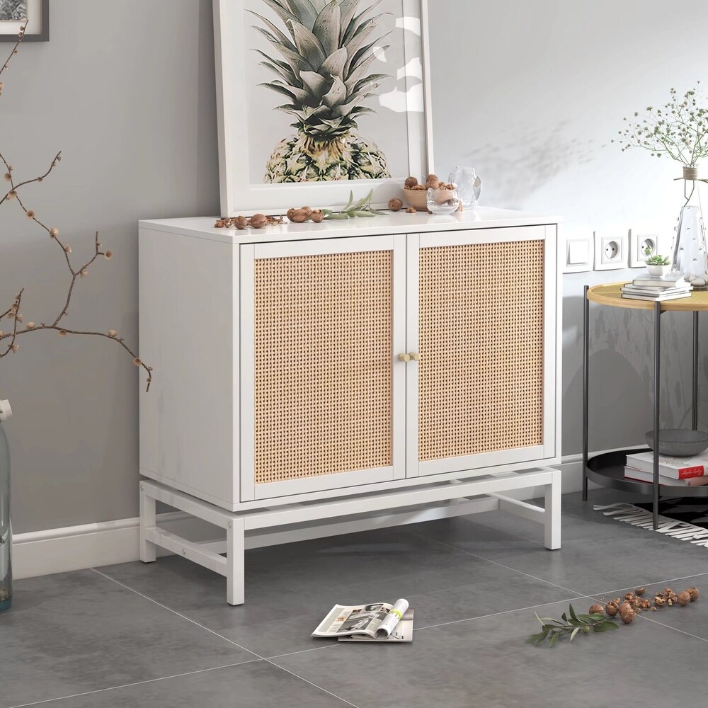 2 Door Accent Cabinet Storage Cabinet With Rattan Skin Decoration 1 Adjustable Inner Shelves For Dining Room and Living Room