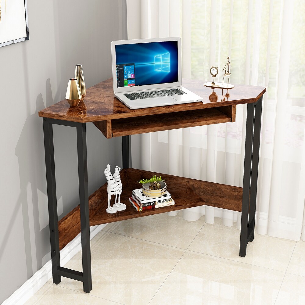 Triangle Computer Desk Corner Desk With Smooth Keyboard Tray  Storage Shelves