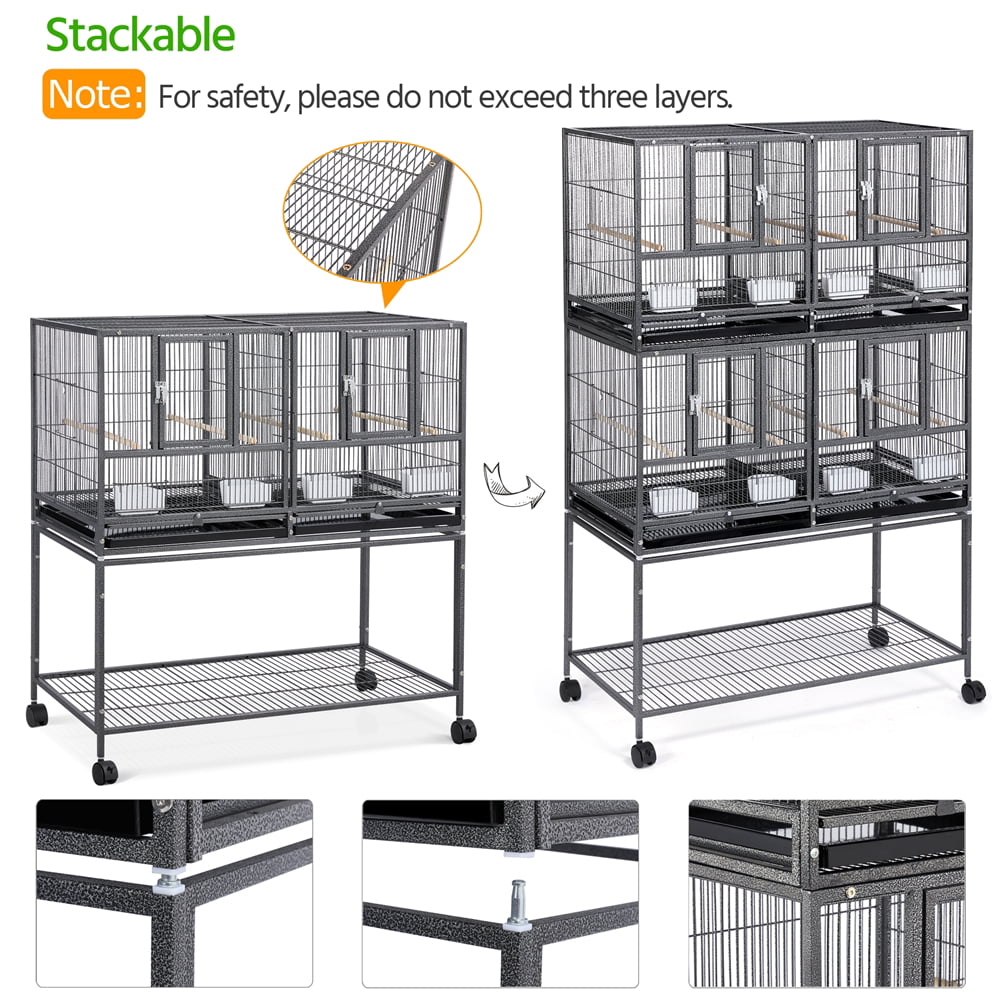 SMILE MART Divided Breeder Cage Stackable Wide Bird Cage for Small Birds Lovebirds Finch Canaries Parakeets Cockatiels Budgies Metal， Black