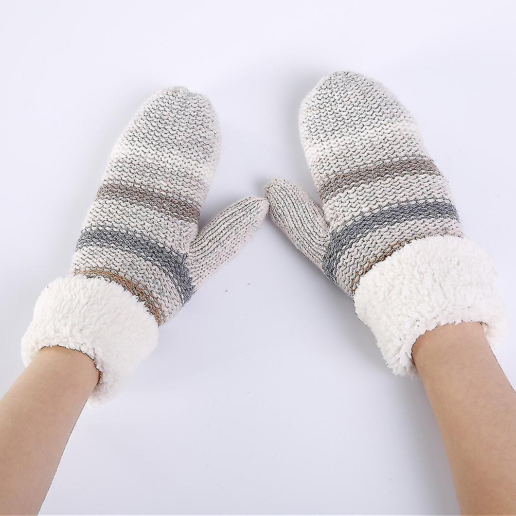 Women Winter Knitted Gloves Fleece Lined Knit Gloves Women Full Fingers Thickening Winter Warm Mittens Knit Mittens Stripe Design Knitted Mittens Ther