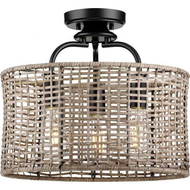 Progress Lighting Lavelle 3 light Semi flush Mount Ceiling Light Matte Black Natural Rattan Shade