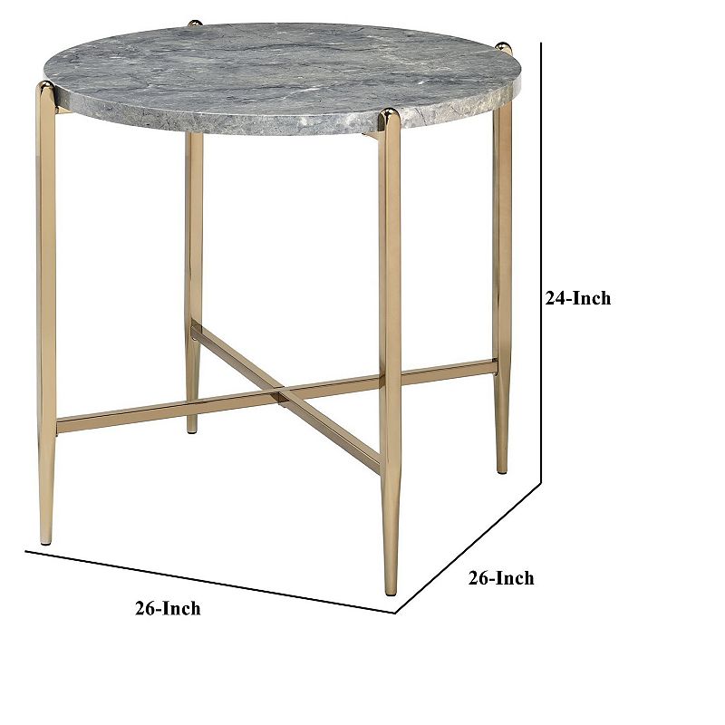 End Table with Oval Marble Top and X Shaped Support， Gray and Gold