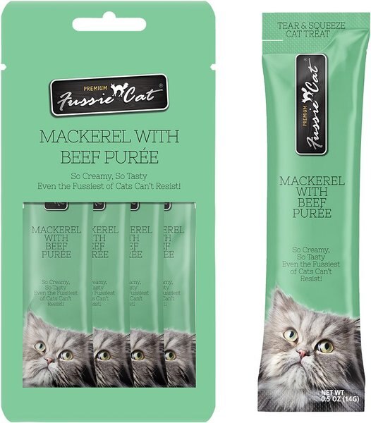 Fussie Cat Mackerel and Beef Puree Lickable Cat Treats， 2-oz pouch