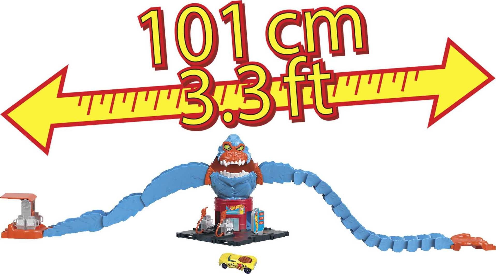 Hot Wheels Wreck and Ride Gorilla Attack Playset， Gas Station Set with 1:64 Scale Toy Car