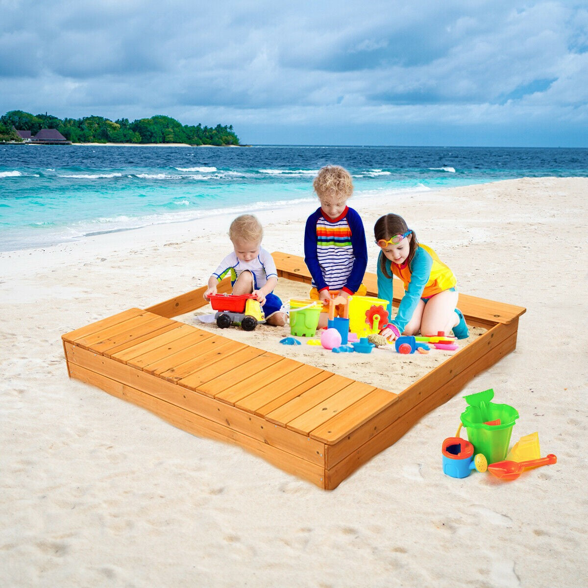 Kids Wooden Sandbox with Bench Seats & Storage Boxes