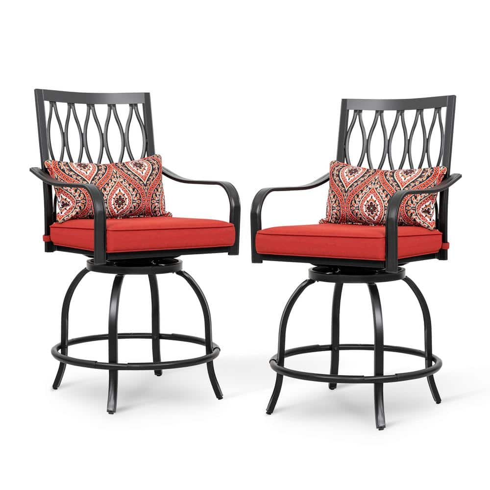 Nuu Garden Swivel Metal Outdoor Bar Stool Balcony Patio Dining Chair Bar Height with Red Cushion (2-Pack) DB150J