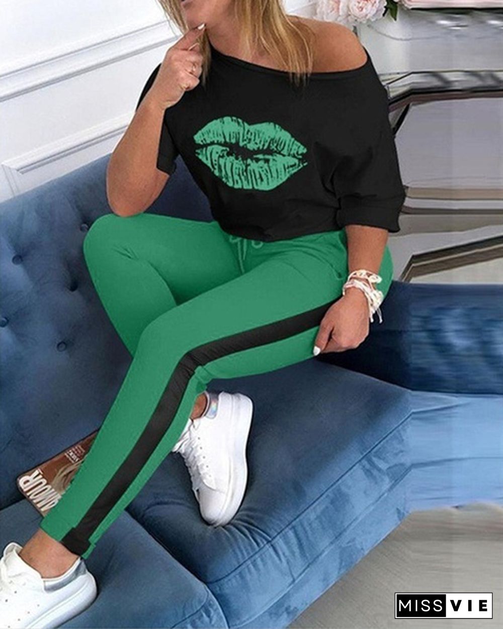 Women Lip Print Top & Colorblock Striped Pant Sets Casual Short Sleeve Loose Off Shoulder Tops+ Leggings Women's Fashion Sport Suit Tracksuit Sportwear Two Piece Sets Outfit Playsuit