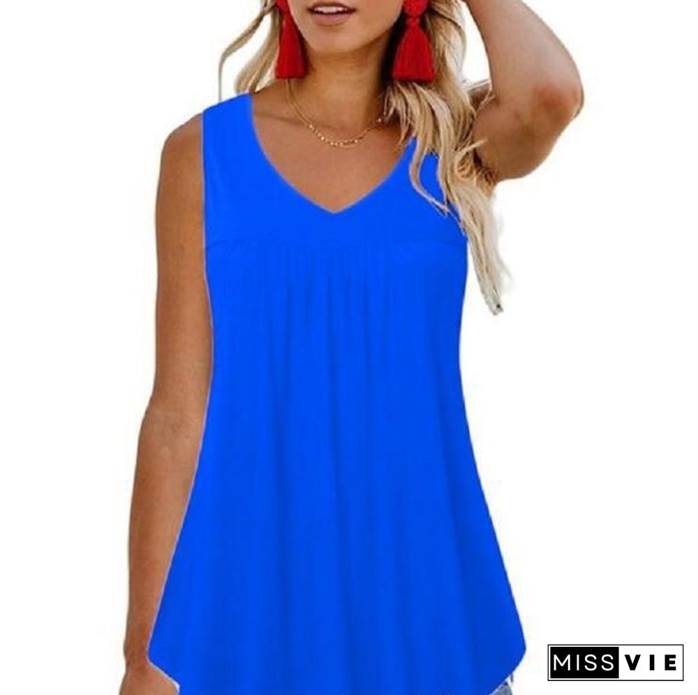 XS-8XL Plus Size Fashion Clothes Summer Tops Women's Casual Tunics Off Shoulder Elegant Camisoles O-neck Blouses Ladies Pleated Loose Vest Solid Color Ruffles Sleeveless Shirts Cotton Tanks Tops