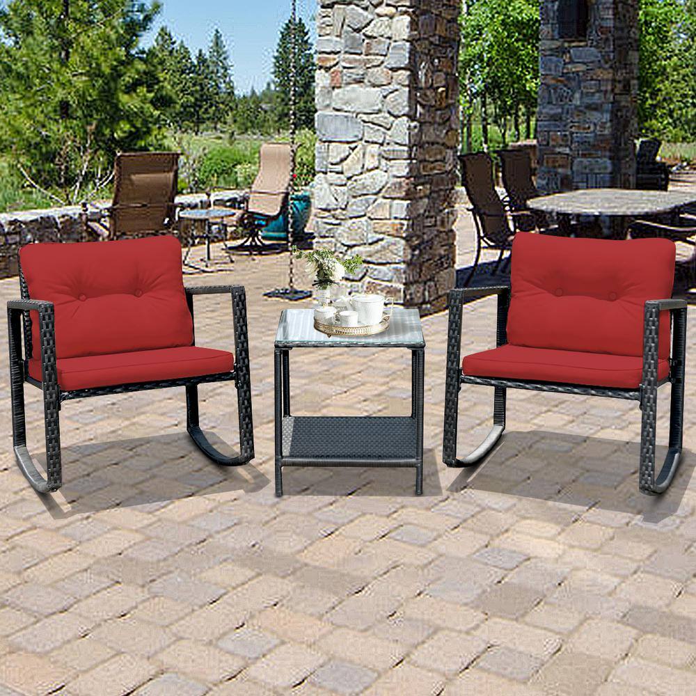 Costway Black 3-Piece Rattan Wicker Patio Conversation Set Rocking Chairs With Red Cushions HW62861RE