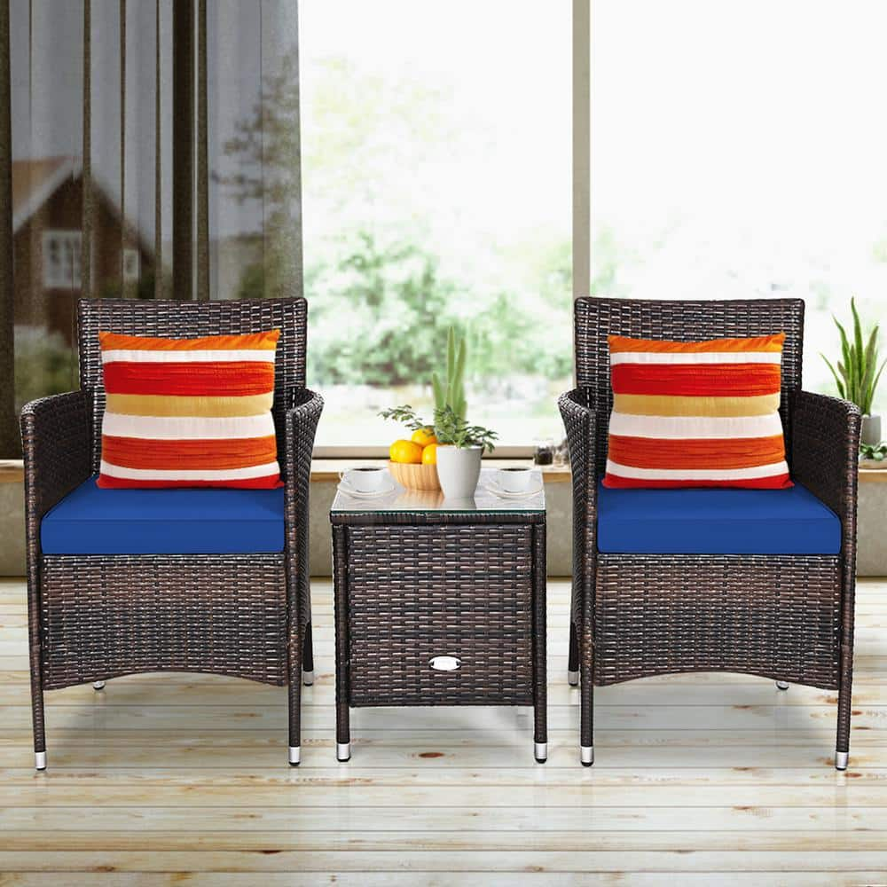 Gymax 3-Piece Rattan Patio Chair and Table Furniture Set Outdoor with Navy Cushion GYM07042