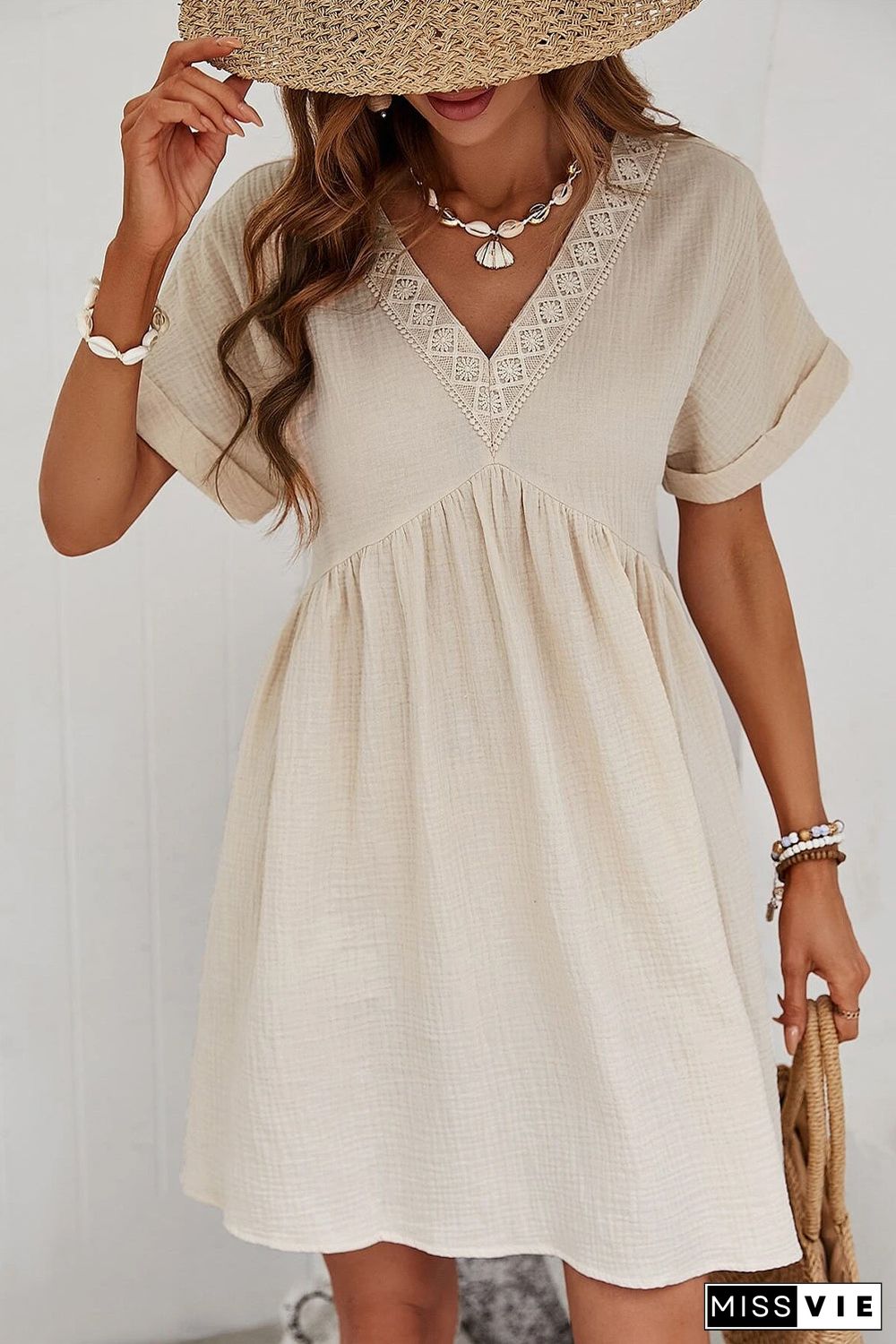 Folded Short Sleeve Lace V Neck Mini Dress