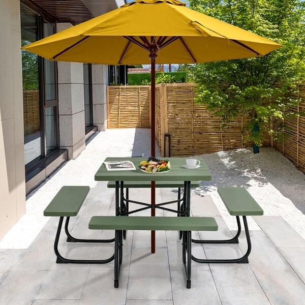 Outdoor Picnic Table with 4 Benches and Umbrella Hole