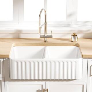 Eridanus Brooklyn Crisp White Fireclay 33 in. Double Bowl Farmhouse Apron Kitchen Sink with Bottom Grid ERI-FS-116D