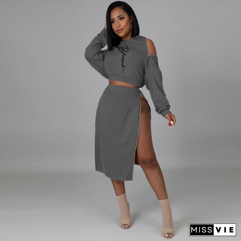 Letter Print Hooded Crop Top Zip Slit Skirt Set